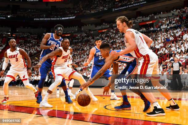 Markelle Fultz of the Philadelphia 76ers handles the ball against the Miami Heat in Game Three of Round One of the 2018 NBA Playoffs on April 19,...