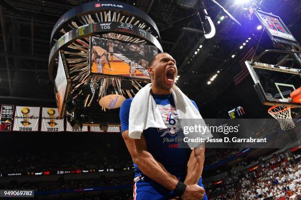Justin Anderson of the Philadelphia 76ers shows emotion during the game against the Miami Heat in Game Three of Round One of the 2018 NBA Playoffs on...
