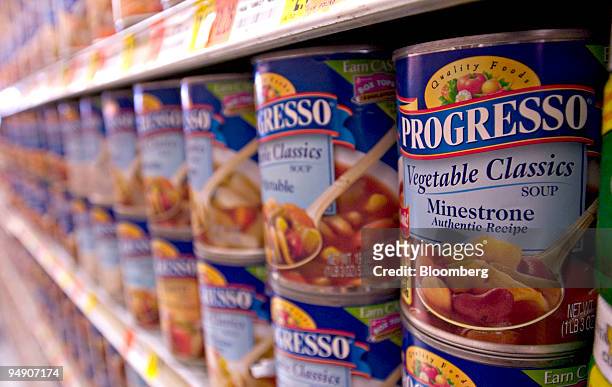 General Mills Inc.'s Progresso soup sits on display in a supermarket in New York on June 30, 2004. Diageo Plc, the world's biggest liquor company,...