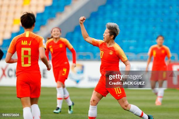China's forward Ying Li celebrates after scoring during the AFC Women's Asian Cup match for third place between China and Thailand at the King...