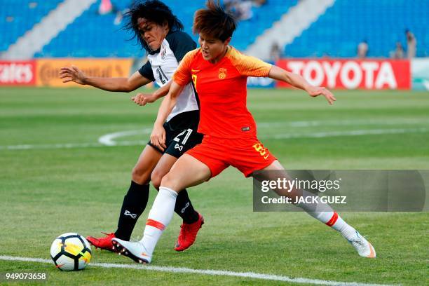 Thailand's midfielder Kanjana Sung-Ngoen vies for the ball with China's defender Jun Ma during the AFC Women's Asian Cup match for third place...