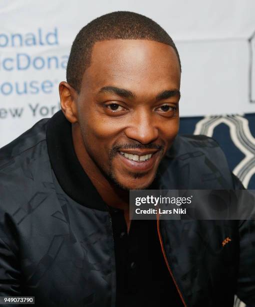 Actor Anthony Mackie, star of Avengers Infinity War, greets some young fans and hands out gifts at Ronald McDonald House New York on April 19, 2018...