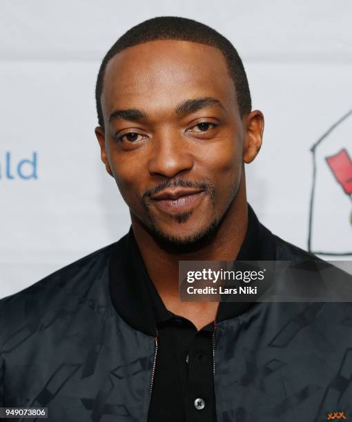 Actor Anthony Mackie, star of Avengers Infinity War, greets some young fans and hands out gifts at Ronald McDonald House New York on April 19, 2018...