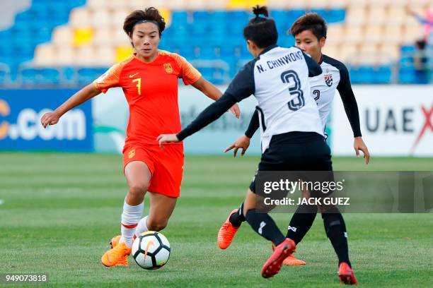 China's midfielder Shuang Wang vies for the ball with Thailand's defender Natthakarn Chinwong during the AFC Women's Asian Cup match for third place...