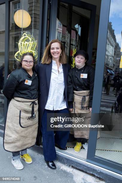 The actress Carole Bouquet godmother of the CafÃ Joyeux a cafe restaurant who employs young people with disabilities is photographed for Paris Match...