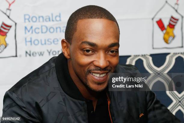 Actor Anthony Mackie, star of Avengers Infinity War, greets some young fans and hands out gifts at Ronald McDonald House New York on April 19, 2018...