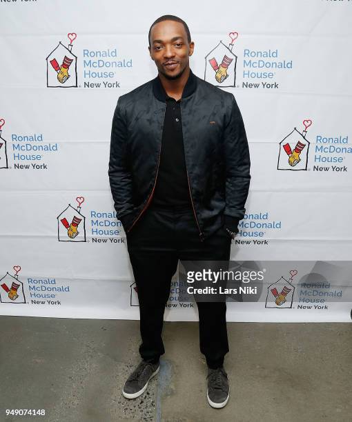 Actor Anthony Mackie, star of Avengers Infinity War, greets some young fans and hands out gifts at Ronald McDonald House New York on April 19, 2018...