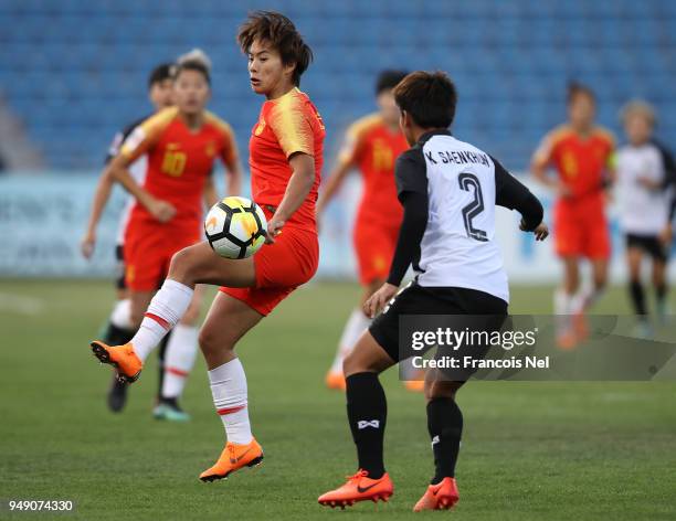 Wang Shuang of China in action during the AFC Women's Asian Cup third place match between China and Thailand at the Amman International Stadium on...