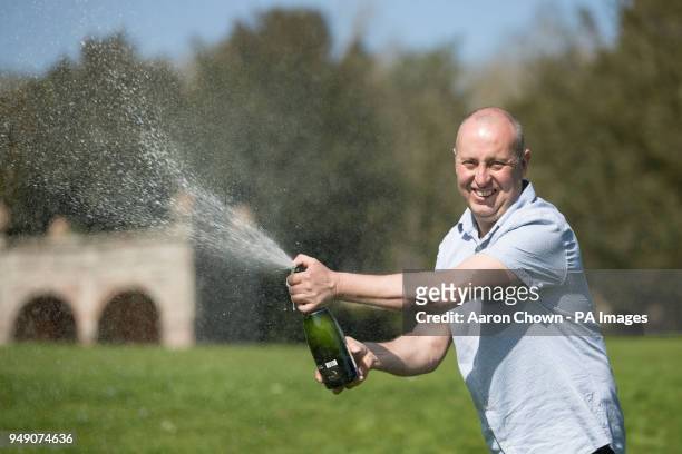 Self employed carpenter and single dad of two, Aaron Fawden celebrates after winning one millions pounds in the EuroMillions UK Millionnaire Maker...