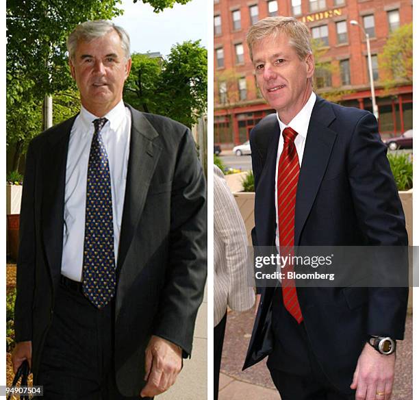 Former Cendant Corp. Chairman Walter Forbes, left, and former vice chairman E. Kirk Shelton, right, are each seen outside of the federal courthouse...