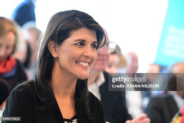 United States Ambassador to the United Nations Nikki Haley arrives at The European Spallation Source in Lund, Sweden April 20, 2019. - The members of...