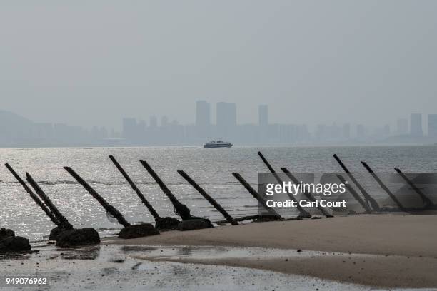 The Chinese city of Xamen is seen in the distance behind aged anti-landing barricades on a beach facing China on the Taiwanese island of Kinmen...