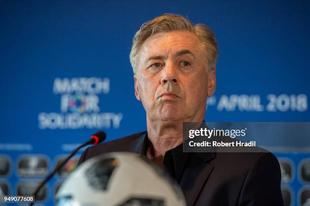 Head Coach Carlo Ancelotti looks on during the Press Conference of Match for Solidarity on April 20, 2018 at Grand Hotel Kempinski in Geneva,...