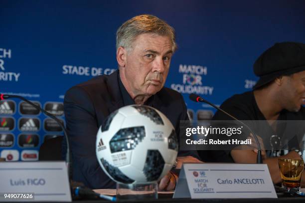 Head Coach Carlo Ancelotti looks on during the Press Conference of Match for Solidarity on April 20, 2018 at Grand Hotel Kempinski in Geneva,...