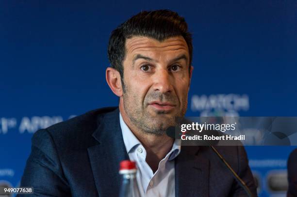 Luis Figo, Former Portuguese and Real Madrid player looks on during the Press Conference of Match for Solidarity on April 20, 2018 at Grand Hotel...