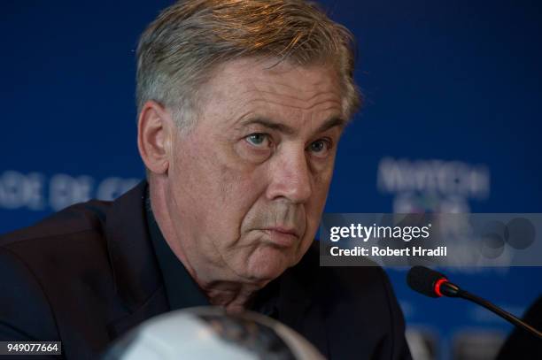 Head Coach Carlo Ancelotti looks on during the Press Conference of Match for Solidarity on April 20, 2018 at Grand Hotel Kempinski in Geneva,...