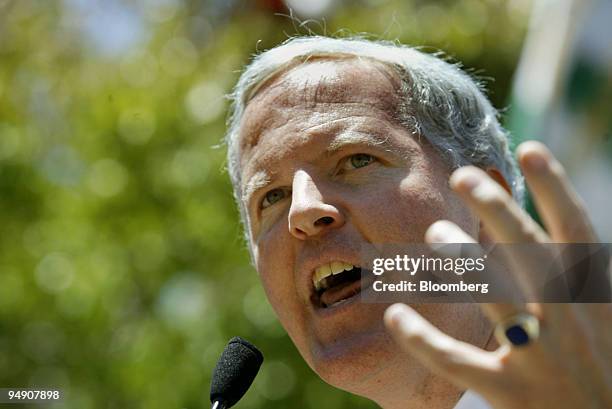 Former U.S. Representative Tom Campbell speaks out at a protest of Silicon Valley employees in front of City Hall in Palo Alto, California, June 24,...