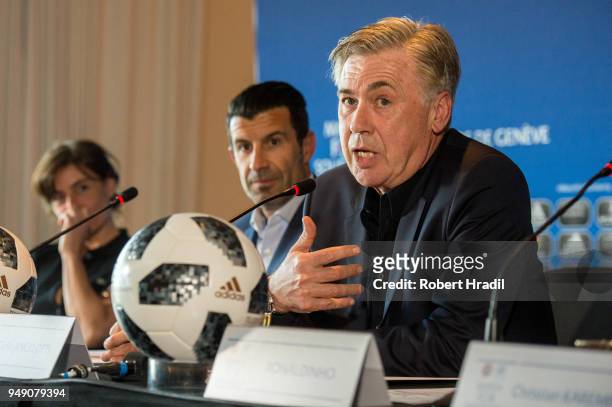 Head Coach Carlo Ancelotti gives a speech during the Press Conference of Match for Solidarity on April 20, 2018 at Grand Hotel Kempinski in Geneva,...