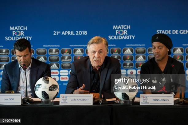 Head Coach Carlo Ancelotti gives a speech. On left Luis Figo, Former Portuguese and Real Madrid player and Ronaldinho, Former Brazil and Barcelona...