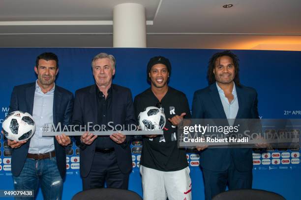 From left Luis Figo, Former Portuguese and Real Madrid player, Head Coach Carlo Ancelotti, Ronaldinho, Former Brazil and Barcelona player and...