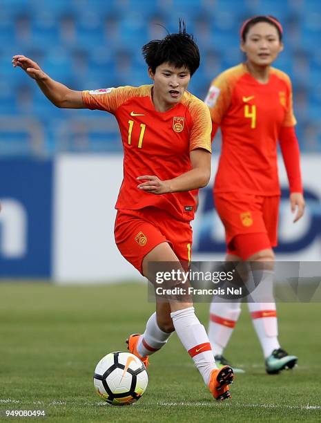 Wang Shanshan of China in action during the AFC Women's Asian Cup third place match between China and Thailand at the Amman International Stadium on...