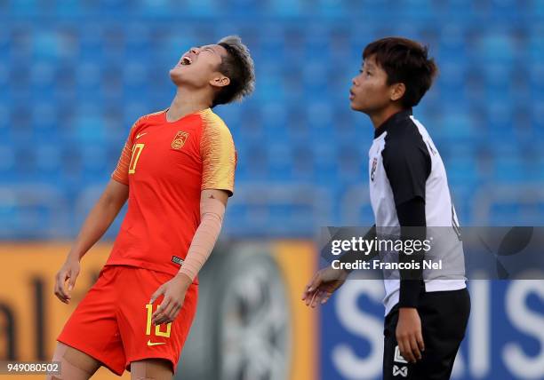 Li Ying of China reacts during the AFC Women's Asian Cup third place match between China and Thailand at the Amman International Stadium on April 20,...