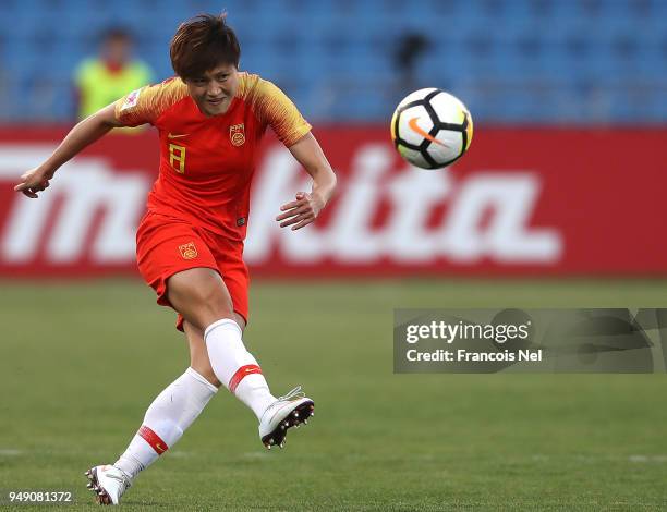 Ma Jun of China in action during the AFC Women's Asian Cup third place match between China and Thailand at the Amman International Stadium on April...