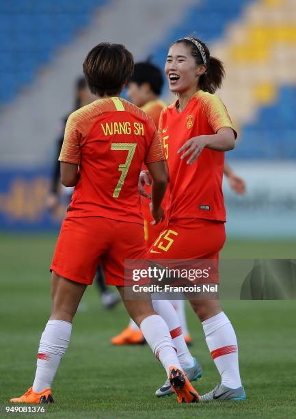 Song Duan of China celebrates scoring the third goal during the AFC Women's Asian Cup third place match between China and Thailand at the Amman...
