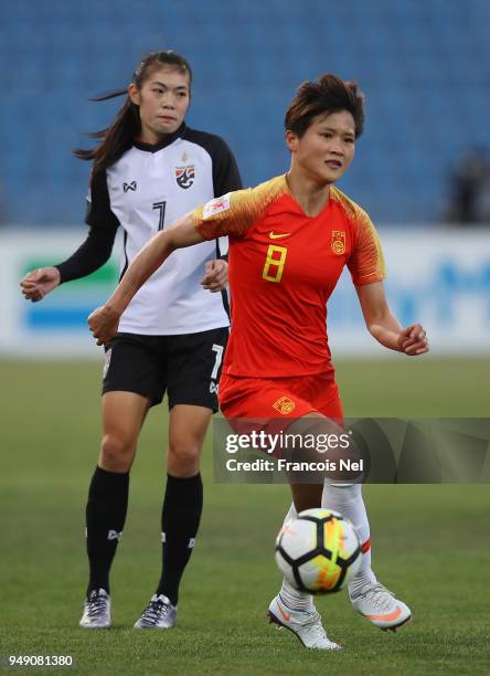Ma Jun of China in action during the AFC Women's Asian Cup third place match between China and Thailand at the Amman International Stadium on April...