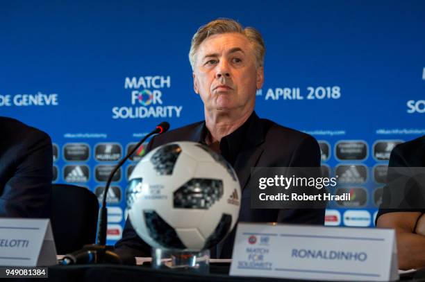 Head Coach Carlo Ancelotti looks on during the Press Conference of Match for Solidarity on April 20, 2018 at Grand Hotel Kempinski in Geneva,...