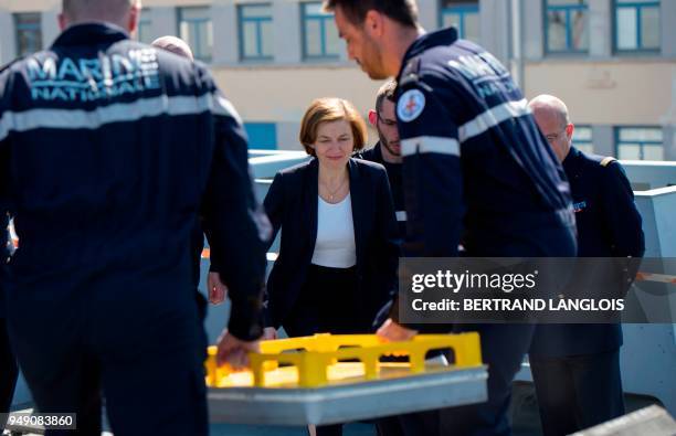 French Defence Minister Florence Parly meets with French navy soldiers onboard the FREMM 'Languedoc' in Toulon, southern France, on April 20 one week...