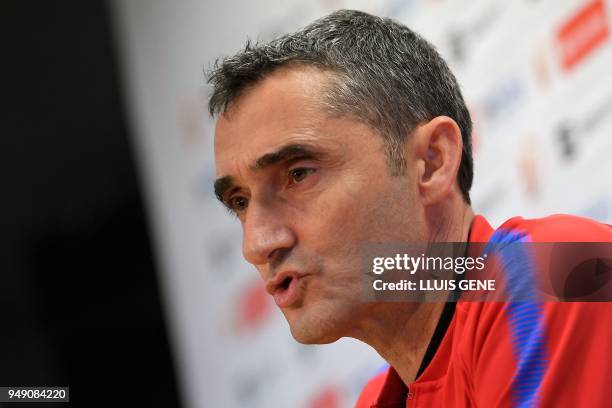 Barcelona's coach Ernesto Valverde holds a press conference at the Joan Gamper Sports Center in Sant Joan Despi near Barcelona on April 20, 2018 on...