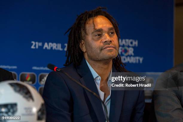 Christian Karembeu looks on during a press conference for Match for Solidarity on April 20, 2018 at Grand Hotel Kempinski in Geneva, Switzerland.