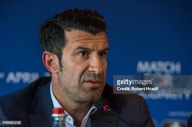 Luis Figo, former Portuguese and Real Madrid player talks during a press conference for Match for Solidarity on April 20, 2018 at Grand Hotel...
