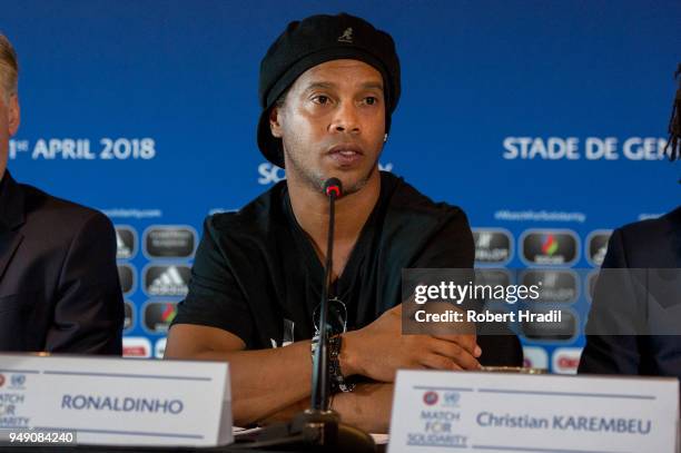 Ronaldinho, Former Brazil and Barcelona player looks on during a press conference for Match for Solidarity on April 20, 2018 at Grand Hotel Kempinski...