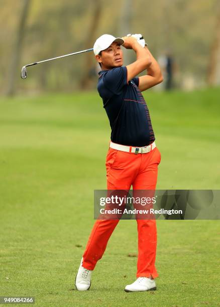 Ashun Wu of China on the 18th hole during the second round of the Trophee Hassan II at Royal Golf Dar Es Salam on April 20, 2018 in Rabat, Morocco.