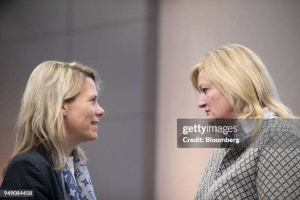 Angela Krueger-Steinhoff, supervisory board member of Steinhoff International Holdings NV, left, speaks with Moira Moses, supervisory board member of...