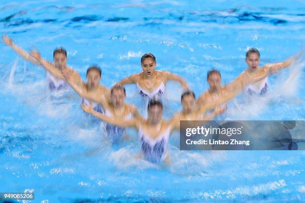 Team of Jiangsu province compete in Free Routine Synchronized Swimming final of Fina Artistic Swimming World Series 2018 on April 20, 2018 in...