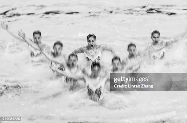 Team of Jiangsu province compete in Free Routine Synchronized Swimming final of Fina Artistic Swimming World Series 2018 on April 20, 2018 in...