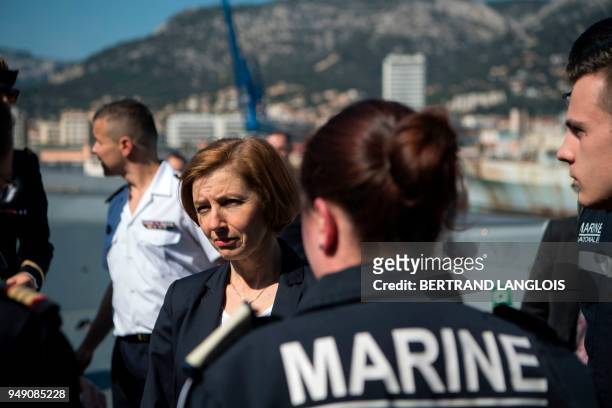 French Defence Minister Florence Parly meets with French navy soldiers onboard the FREMM 'Languedoc' in Toulon, southern France, on April 20 one week...