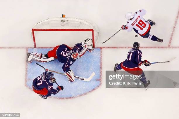 Sergei Bobrovsky of the Columbus Blue Jackets covers the net as Nick Foligno of the Columbus Blue Jackets knocks the puck away from Nicklas Backstrom...