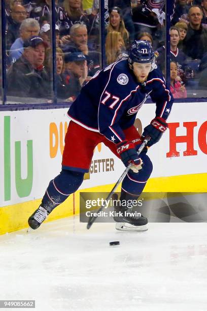 Josh Anderson of the Columbus Blue Jackets controls the puck in Game Three of the Eastern Conference First Round during the 2018 NHL Stanley Cup...
