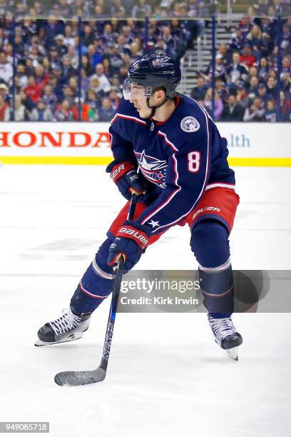 Zach Werenski of the Columbus Blue Jackets controls the puck in Game Three of the Eastern Conference First Round during the 2018 NHL Stanley Cup...