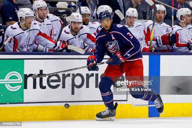Seth Jones of the Columbus Blue Jackets controls the puck in Game Three of the Eastern Conference First Round during the 2018 NHL Stanley Cup...