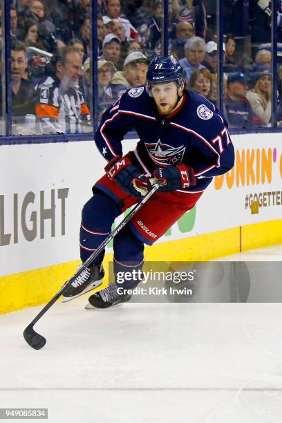 Josh Anderson of the Columbus Blue Jackets skates after the puck in Game Three of the Eastern Conference First Round during the 2018 NHL Stanley Cup...