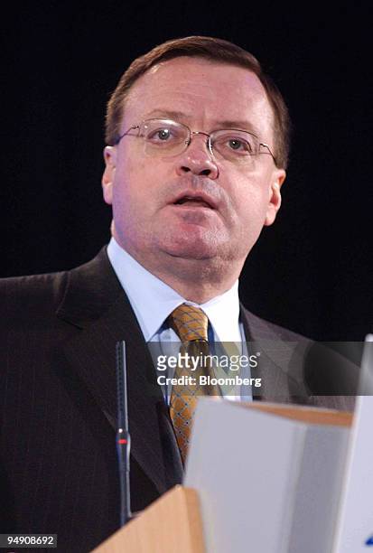 Richard J. Markham, vice chairman of Aventis speaks at a press conference in central London, Thursday February 5, 2004. Aventis, trying to fend off a...
