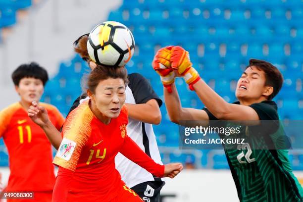 China's midfielder Yanlu Xu vies for the ball with Thailand's goalkeeper Nattaruja Muthtanawech during the AFC Women's Asian Cup match for third...
