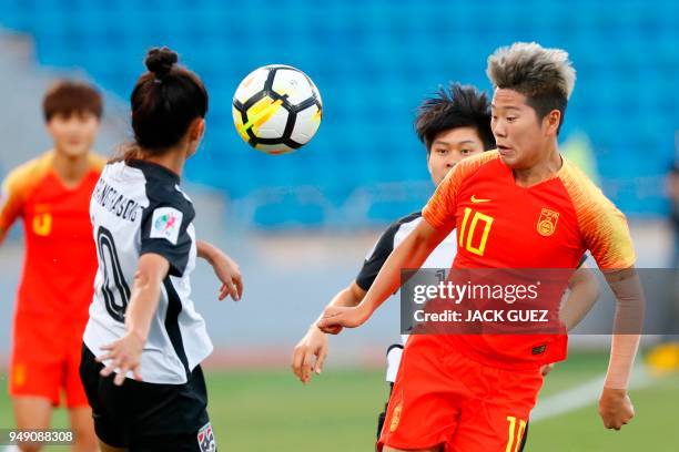 China's forward Ying Li vies for the ball with Thailand's midfielder Sunisa Strangthaisong during the AFC Women's Asian Cup match for third place...