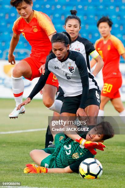 Thailand's goalkeeper Nattaruja Muthtanawech tries to gather the loose ball during the AFC Women's Asian Cup match for third place between China and...