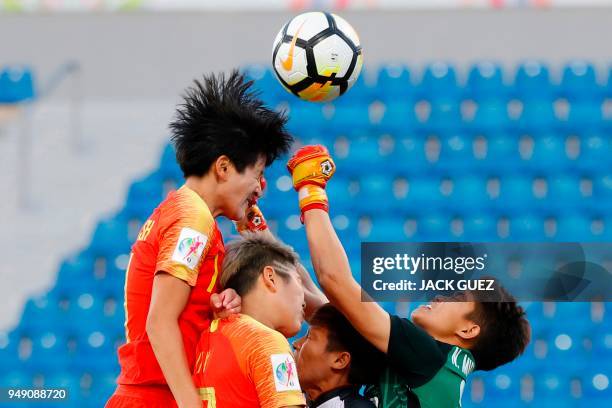 China's defender Jiao Xue vies for the ball with Thailand's goalkeeper Nattaruja Muthtanawech during the AFC Women's Asian Cup match for third place...